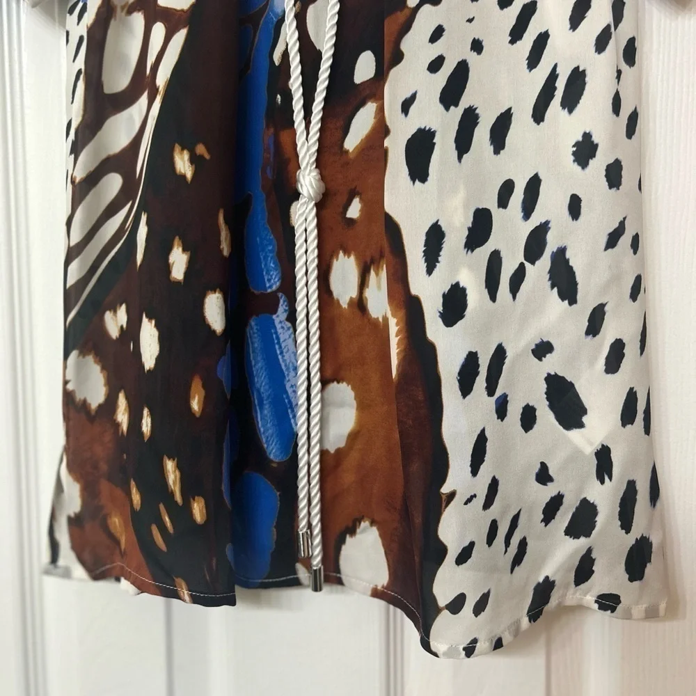 Silk Multicolored Lace Up Animal Print Tunic - Picture 7 of 10